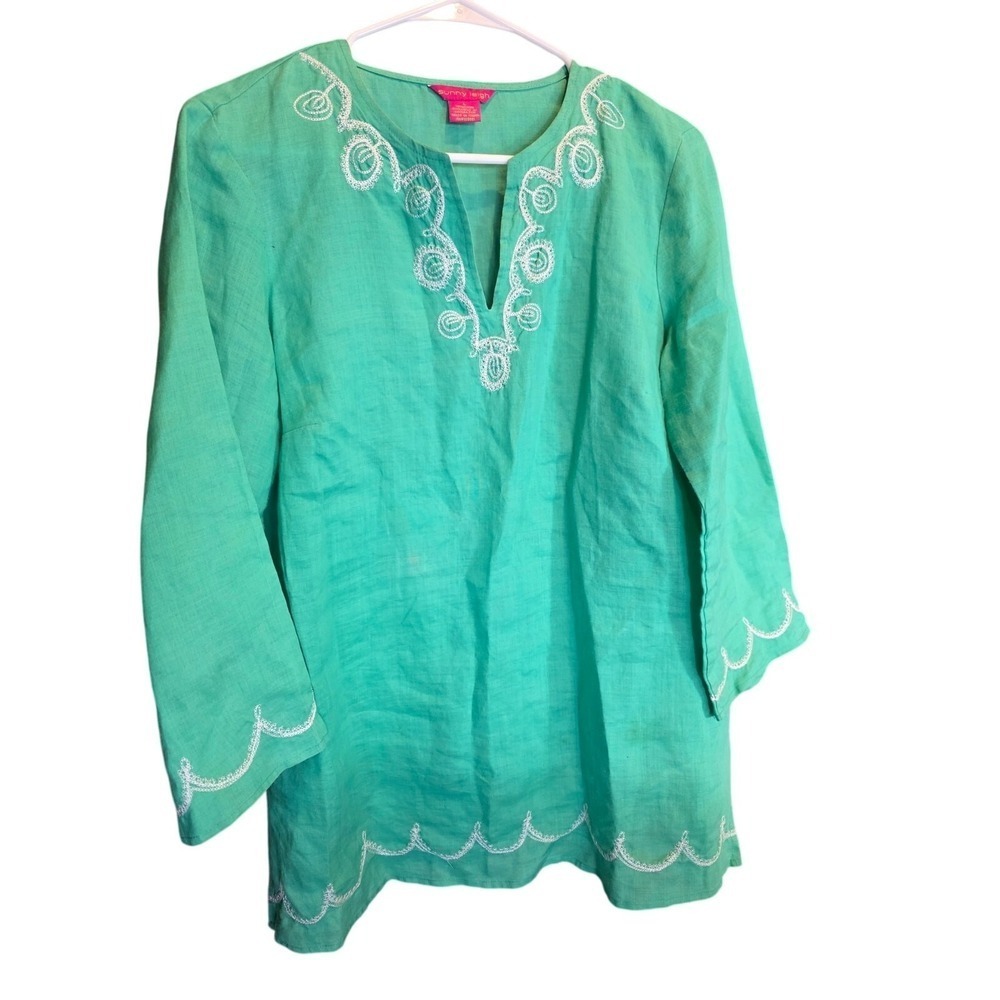 Sunny Leigh Boho Lagen Look Top L Womens Linen Green Embroidered Lagen Look